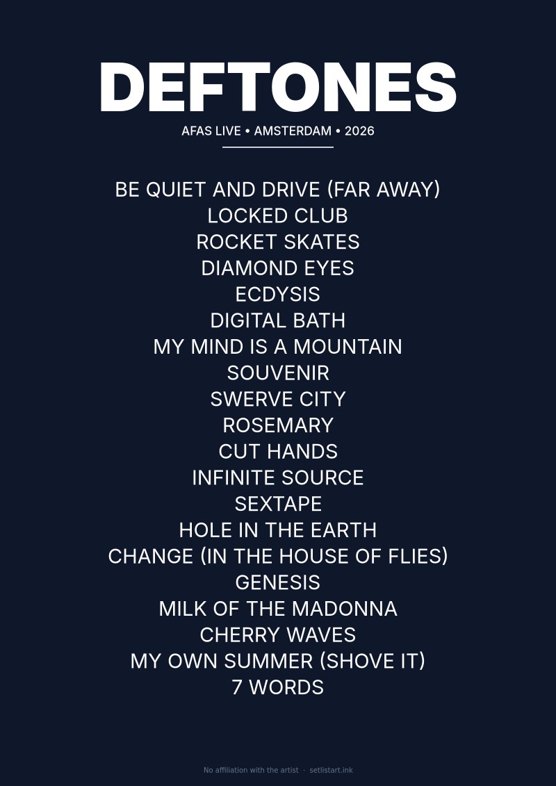 Deftones Amsterdam 2026 setlist poster preview