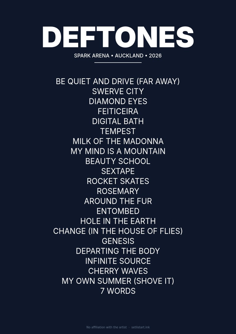 Deftones Auckland Spark Arena 2026 setlist poster