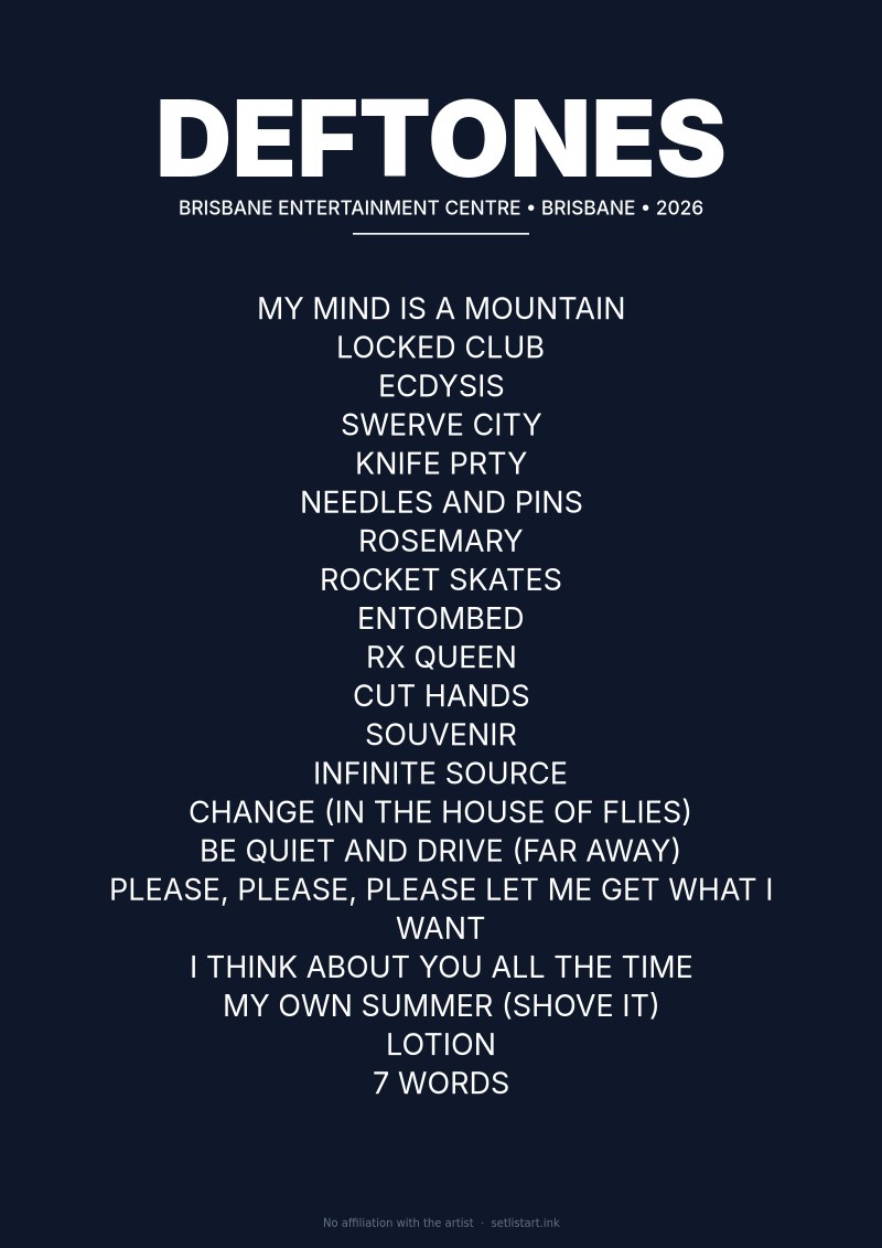 Deftones Brisbane 2026 setlist poster preview