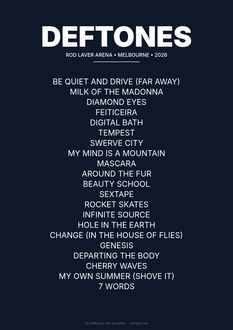 Deftones Melbourne 2026 setlist poster preview