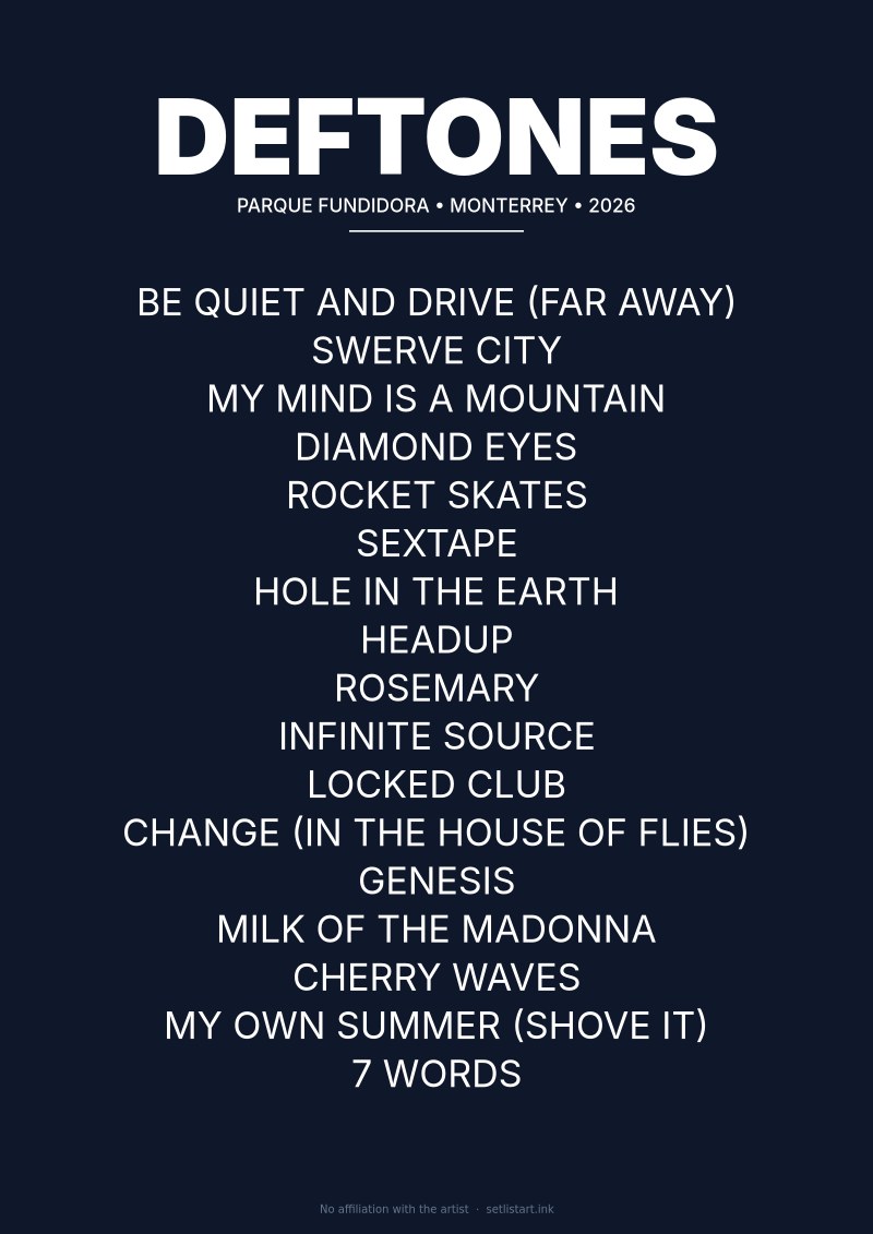 Deftones Monterrey 2026 setlist poster preview