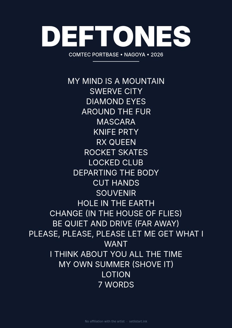 Deftones Nagoya COMTEC PORTBASE 2026 setlist poster