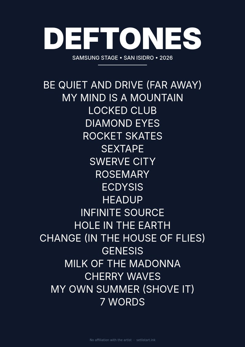 Deftones San Isidro 2026 setlist poster preview