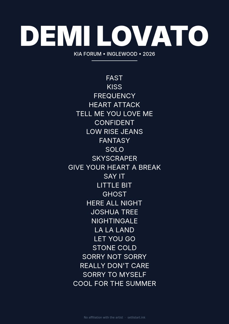 Demi Lovato Inglewood Kia Forum 2026 setlist poster