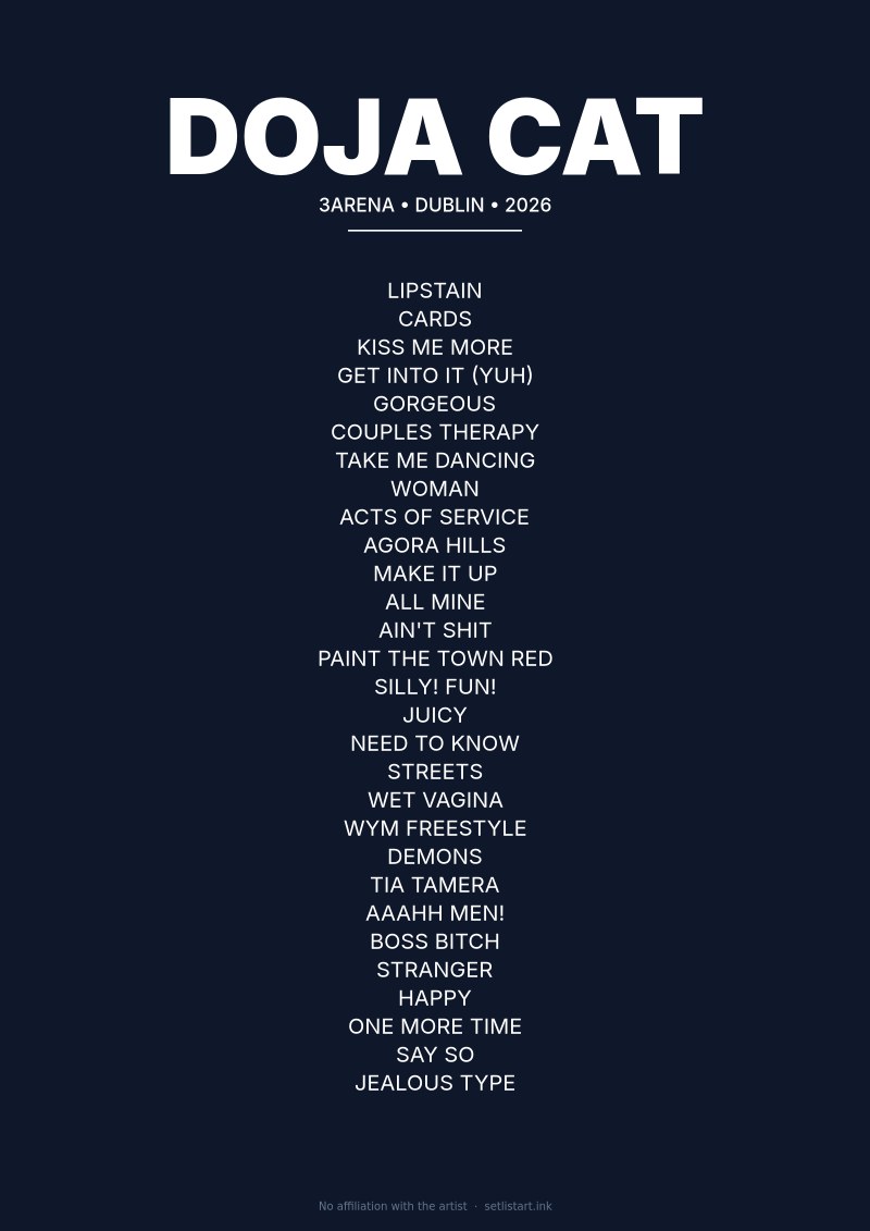 Doja Cat Dublin 2026 setlist poster — Tour Ma Vie European leg