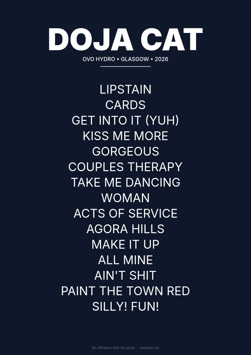 Doja Cat Glasgow 2026 setlist poster — Tour Ma Vie
