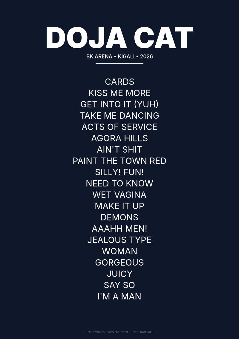 Doja Cat Kigali 2026 setlist poster — Tour Ma Vie