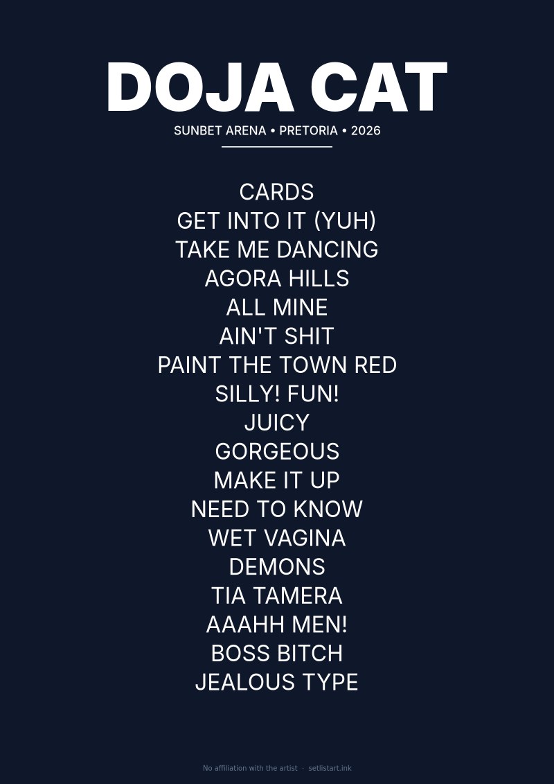 Doja Cat Pretoria 2026 setlist poster — Global Citizen Move Afrika