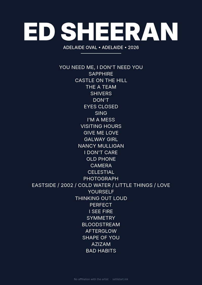 Ed Sheeran Adelaide 2026 setlist poster preview