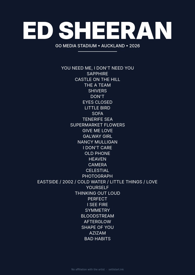 Ed Sheeran Auckland 2026 setlist poster preview