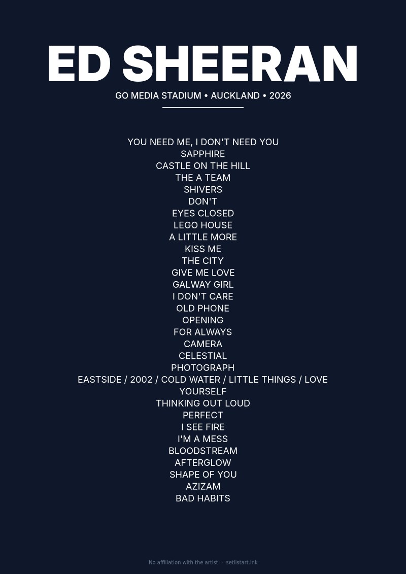 Ed Sheeran Auckland 2026 setlist poster preview