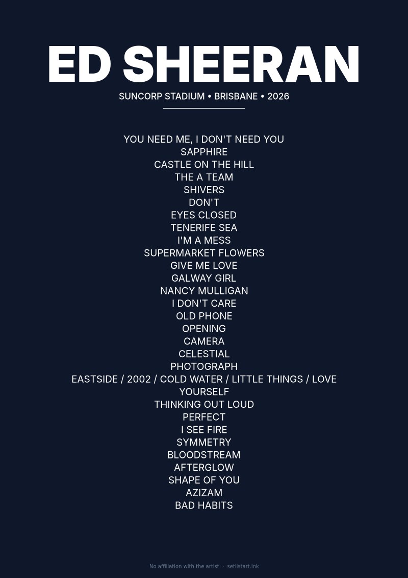 Ed Sheeran Brisbane 2026 setlist poster preview