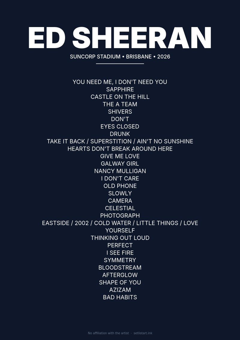 Ed Sheeran Brisbane 2026 setlist poster preview