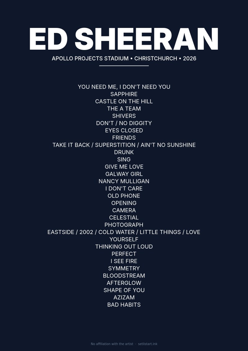 Ed Sheeran Christchurch 2026 setlist poster preview