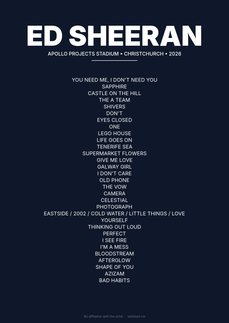 Ed Sheeran Christchurch 2026 setlist poster preview