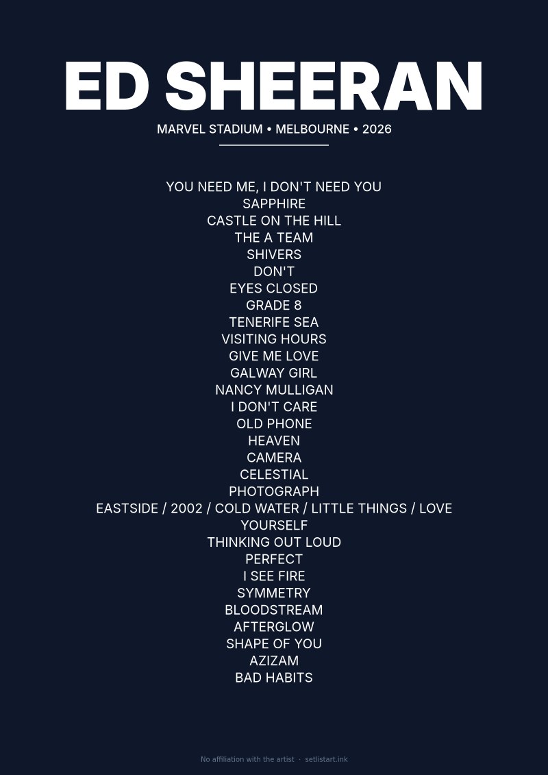 Ed Sheeran Melbourne 2026 setlist poster preview