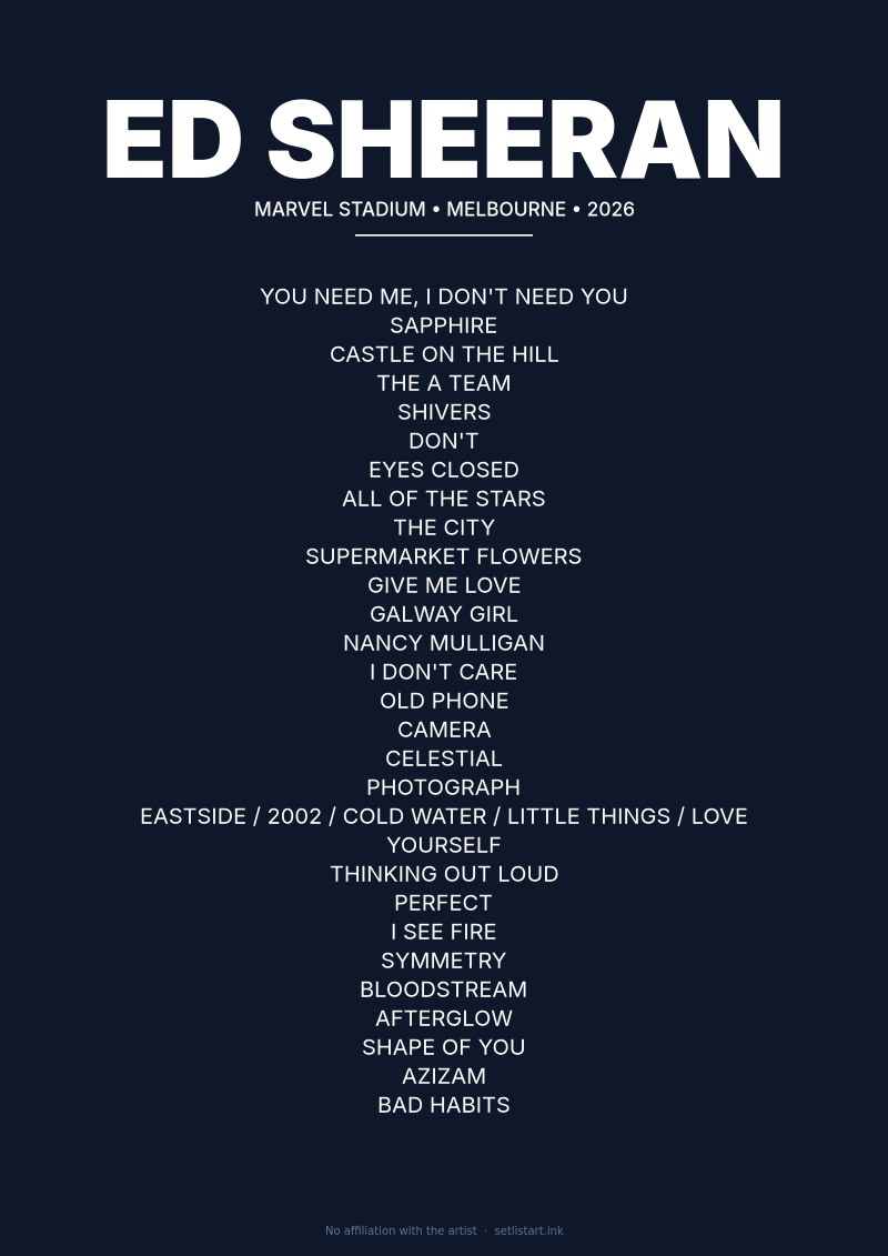 Ed Sheeran Melbourne 2026 setlist poster preview