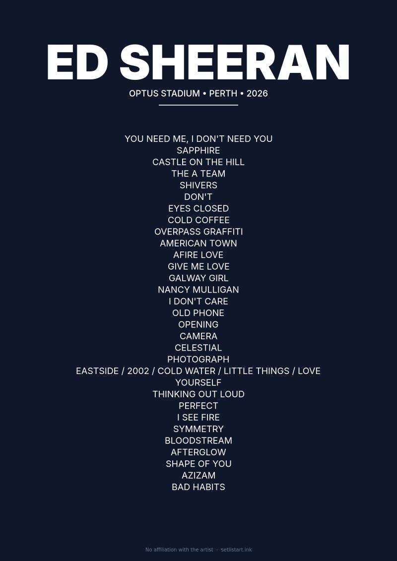 Ed Sheeran Perth 2026 setlist poster preview