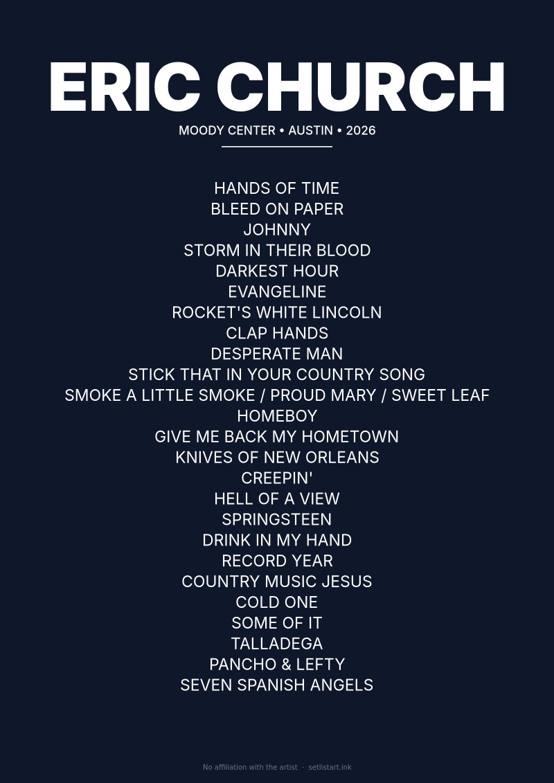 Eric Church Austin 2026 setlist poster preview