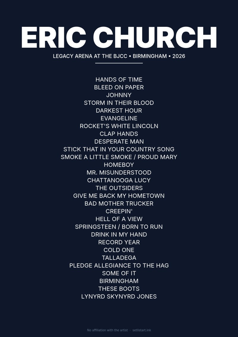 Eric Church Birmingham 2026 setlist poster preview