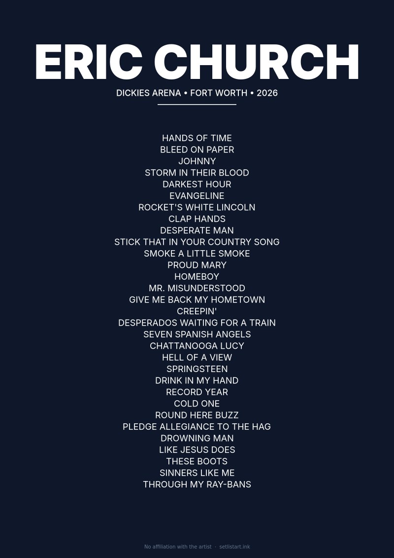 Eric Church Fort Worth 2026 setlist poster preview