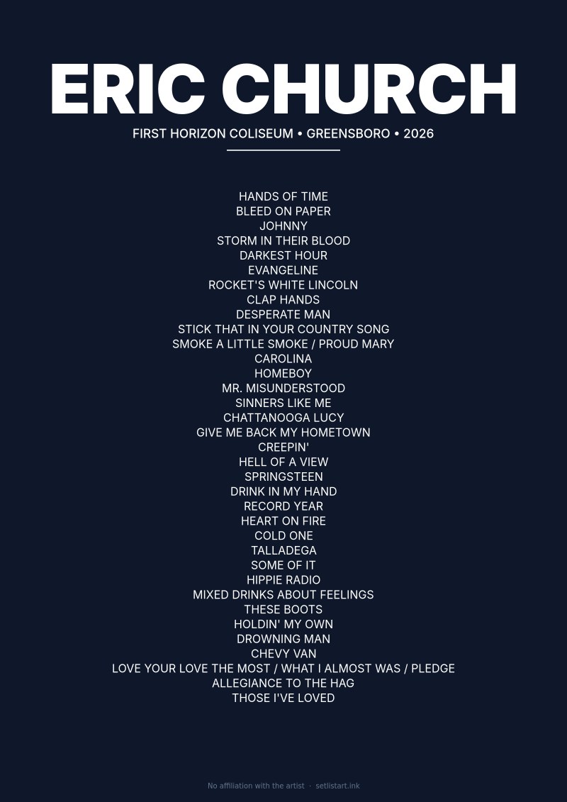 Eric Church Greensboro 2026 setlist poster preview
