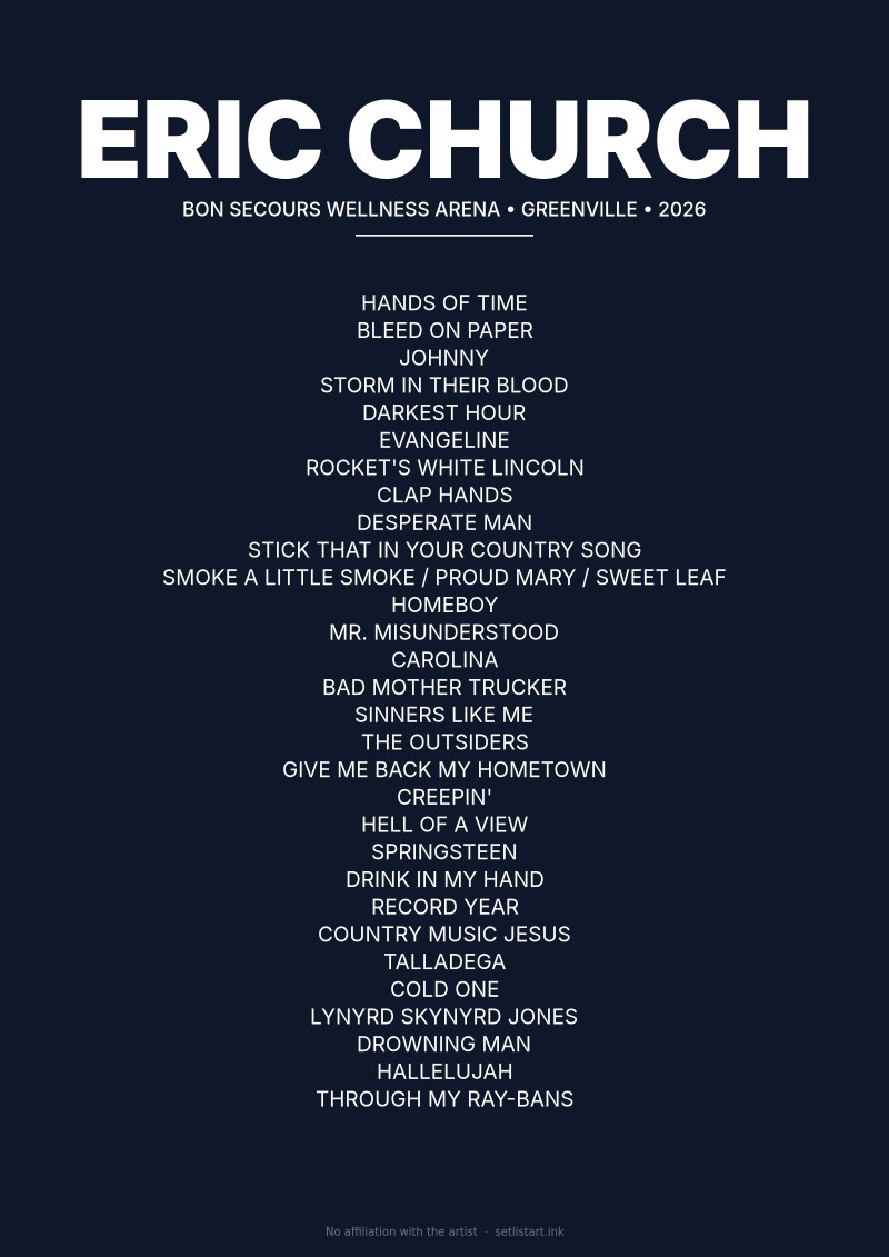 Eric Church Greenville 2026 setlist poster preview