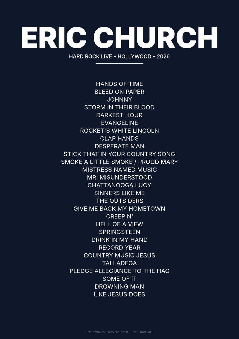 Eric Church Hollywood 2026 setlist poster preview