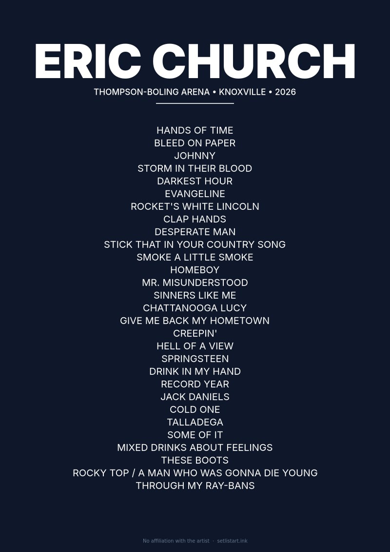 Eric Church Knoxville 2026 setlist poster preview