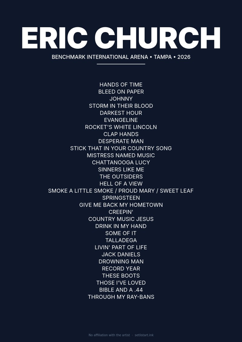 Eric Church Tampa 2026 setlist poster preview