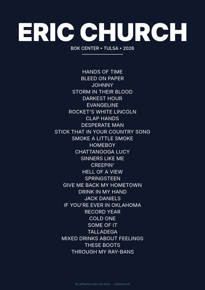 Eric Church Tulsa 2026 setlist poster preview