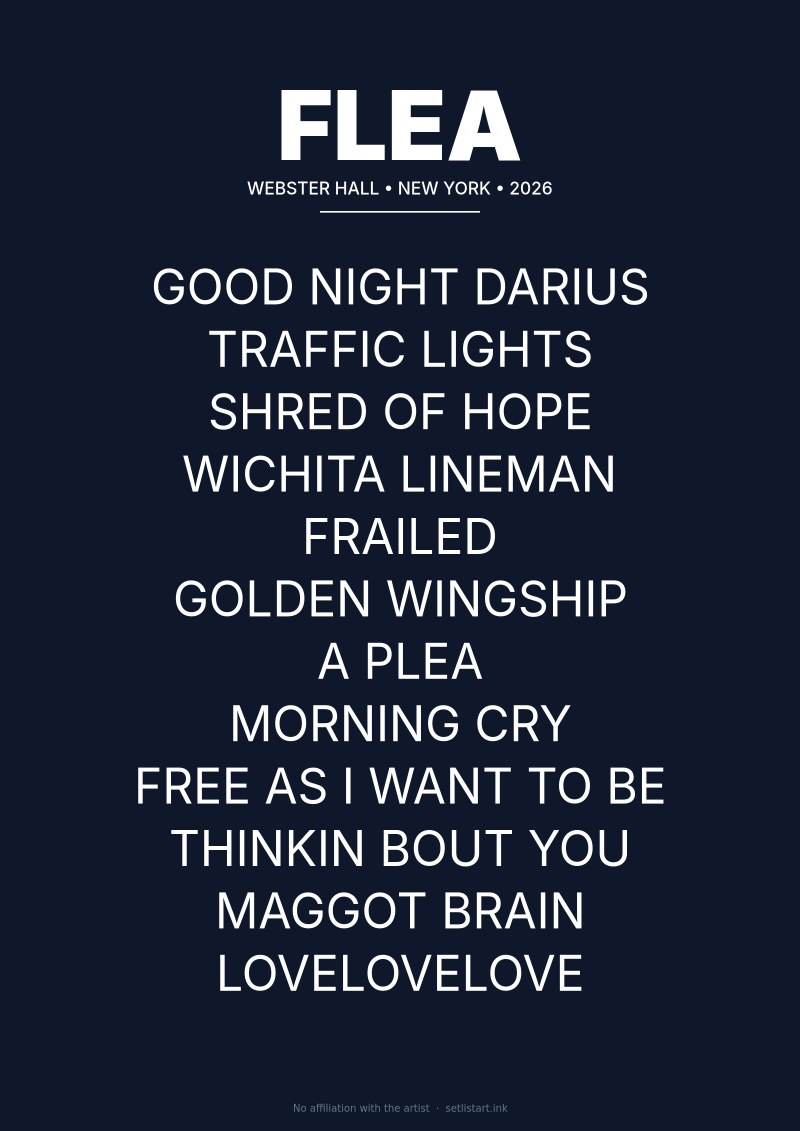 Flea New York 2026 setlist poster — Honora Tour