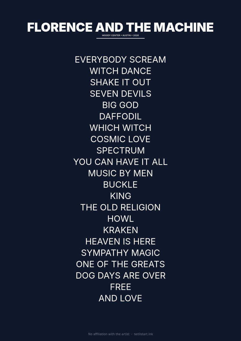 Florence and the Machine Austin 2026 setlist poster preview