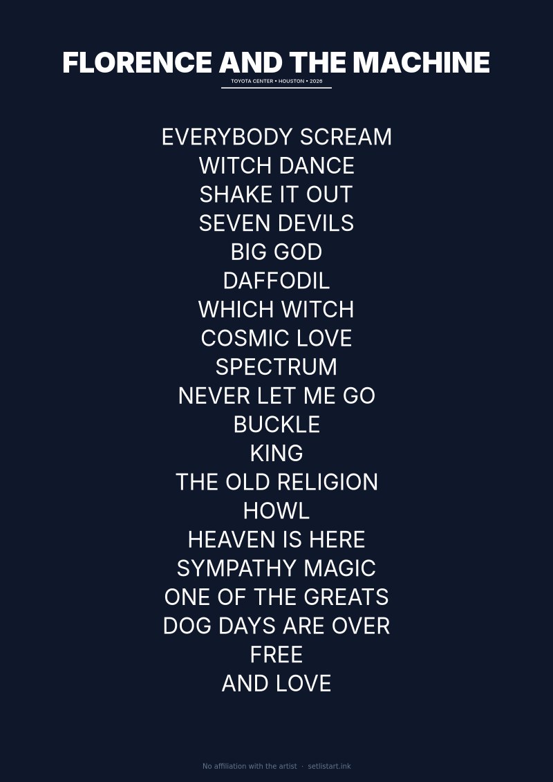 Florence and the Machine Houston 2026 setlist poster preview