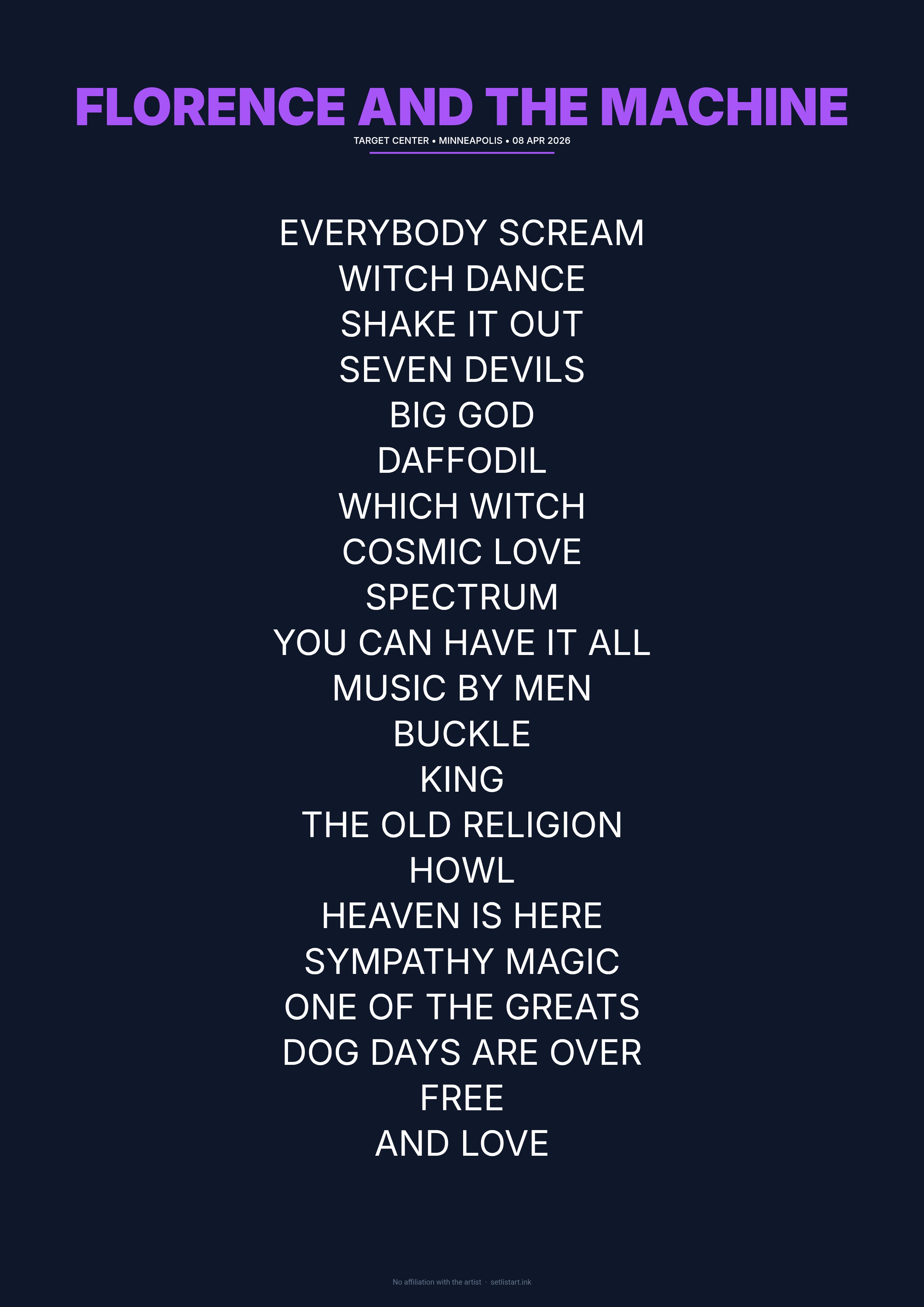 Florence and the Machine Minneapolis 2026 setlist poster preview