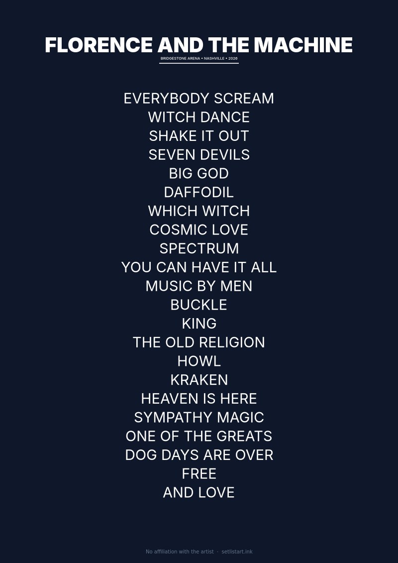 Florence and the Machine Nashville 2026 setlist poster preview