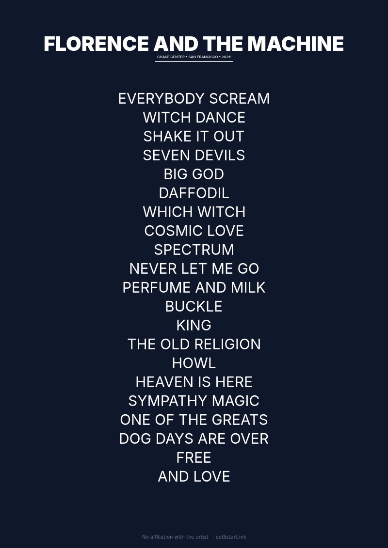 Florence and the Machine San Francisco 2026 setlist poster — Chase Center