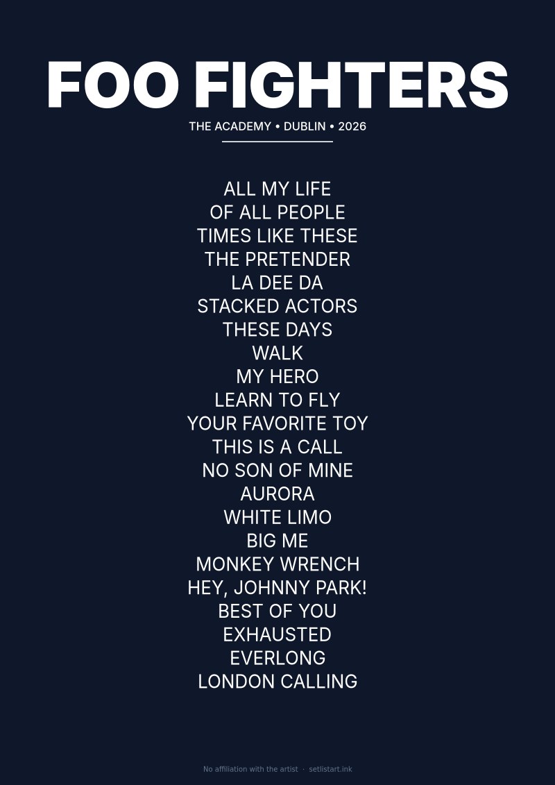 Foo Fighters Dublin 2026 setlist poster preview