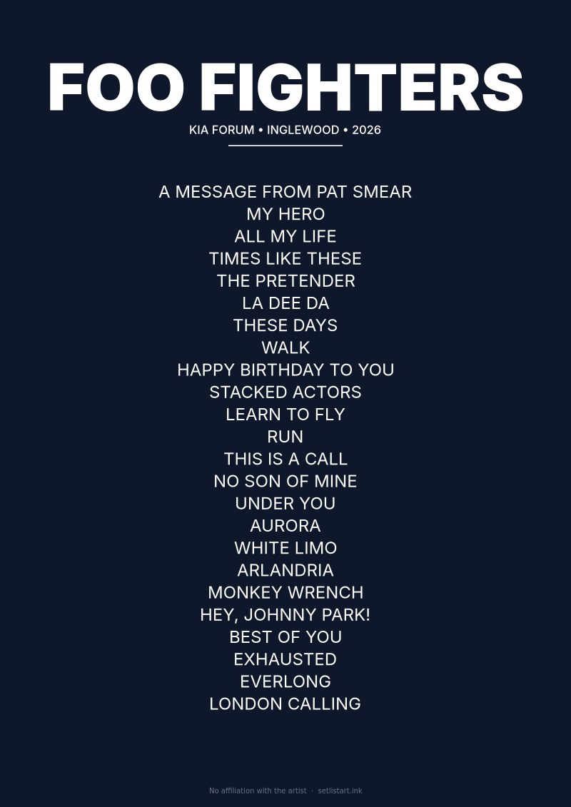 Foo Fighters Inglewood 2026 setlist poster preview