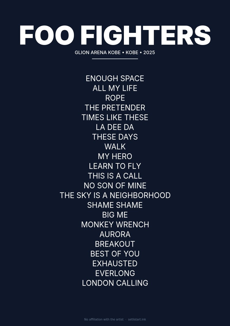 Foo Fighters Kobe 2025 setlist poster preview
