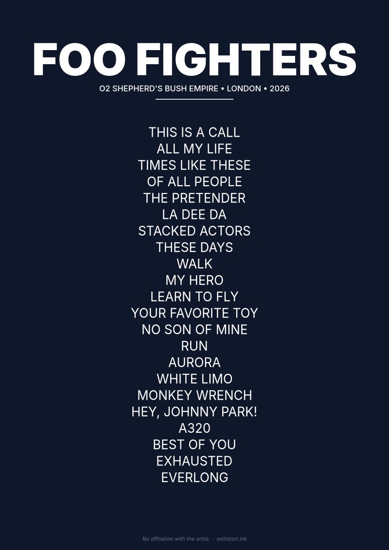 Foo Fighters London 2026 setlist poster preview