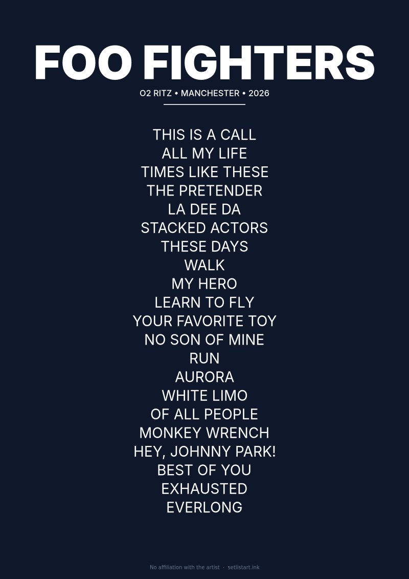 Foo Fighters Manchester 2026 setlist poster preview