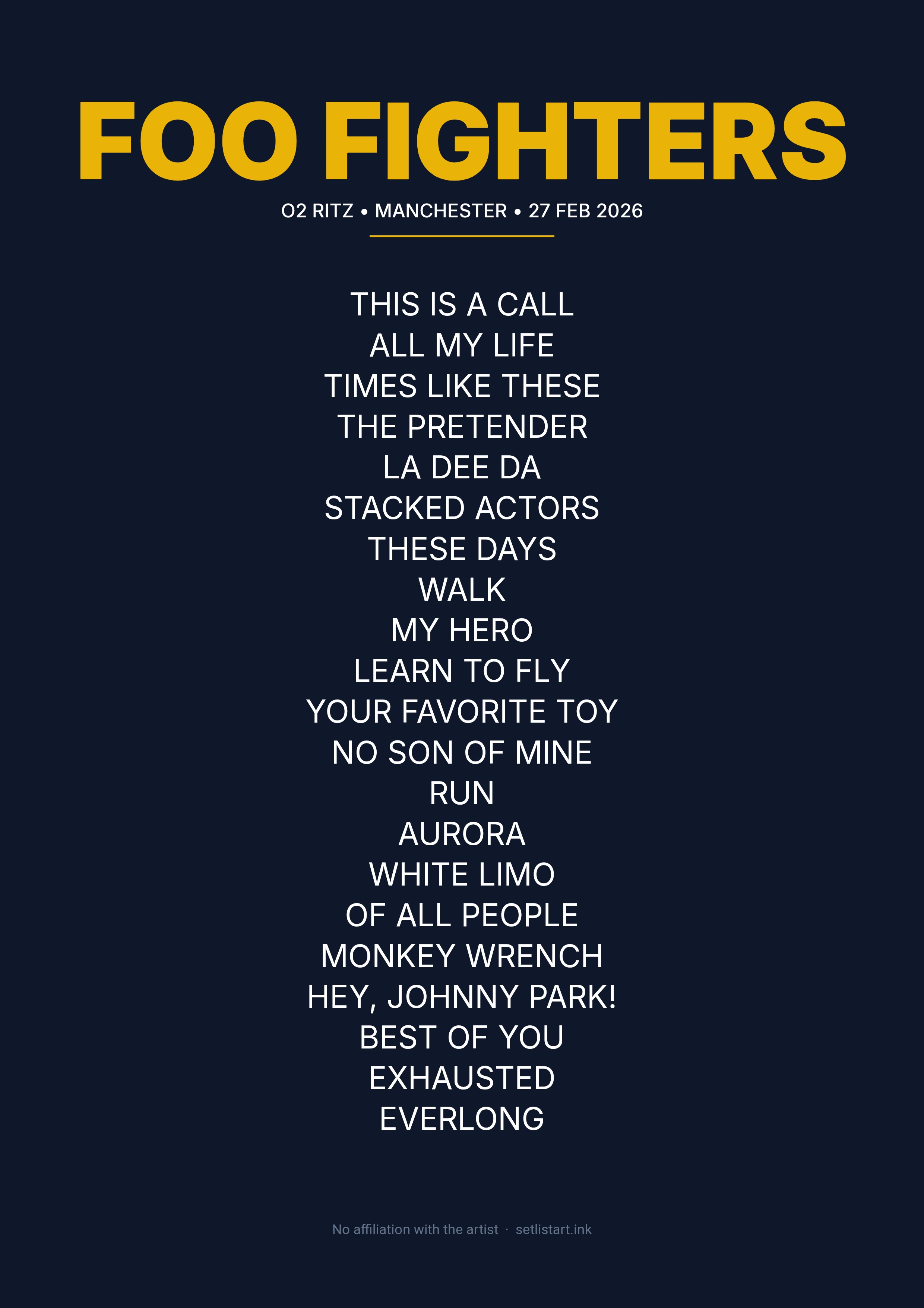 Foo Fighters Manchester 2026 setlist poster preview