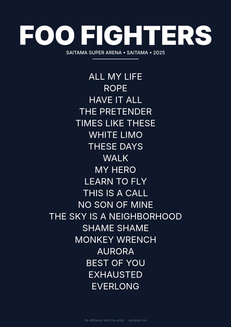 Foo Fighters Saitama 2025 setlist poster preview
