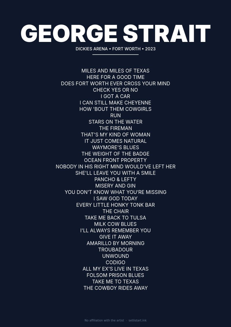 George Strait Fort Worth 2023 setlist poster preview