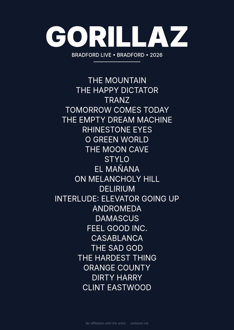 Gorillaz Bradford 2026 setlist poster preview