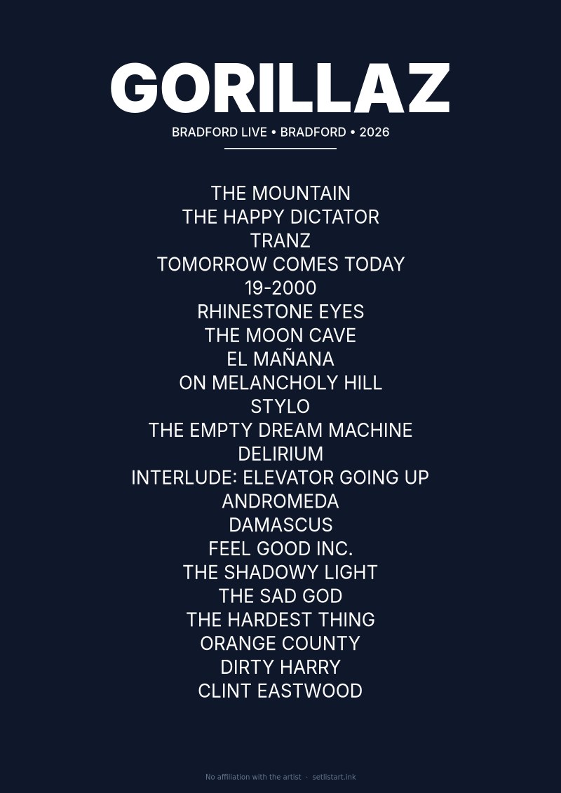 Gorillaz Bradford 2026 setlist poster preview