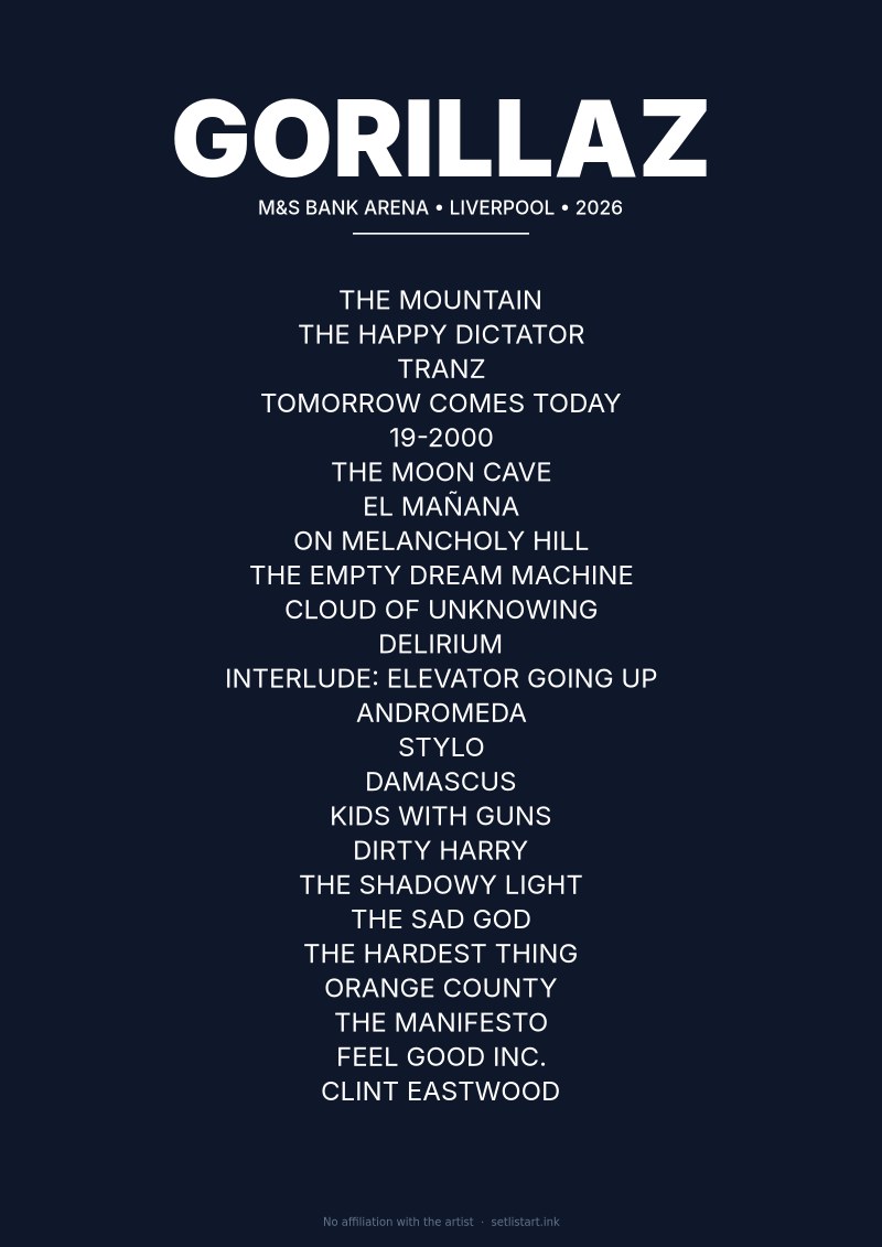 Gorillaz Liverpool 2026 setlist poster preview