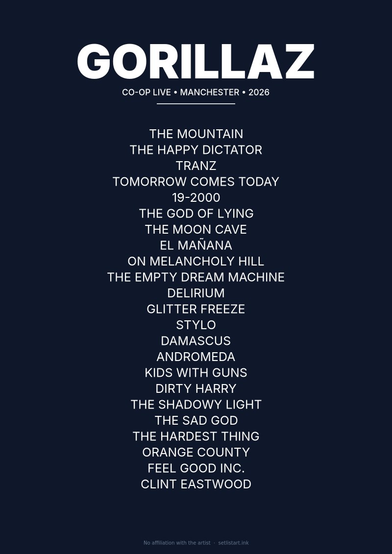 Gorillaz Manchester 2026 setlist poster preview