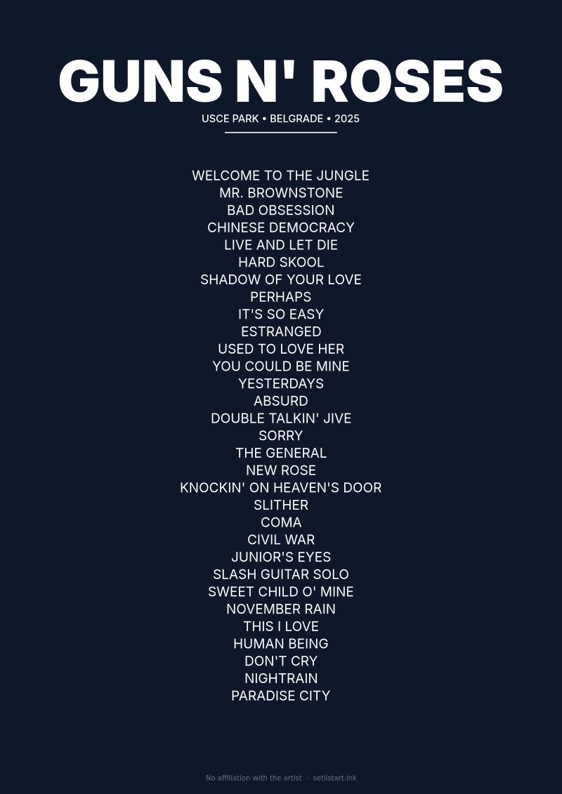 Guns N' Roses Belgrade 2025 setlist poster preview